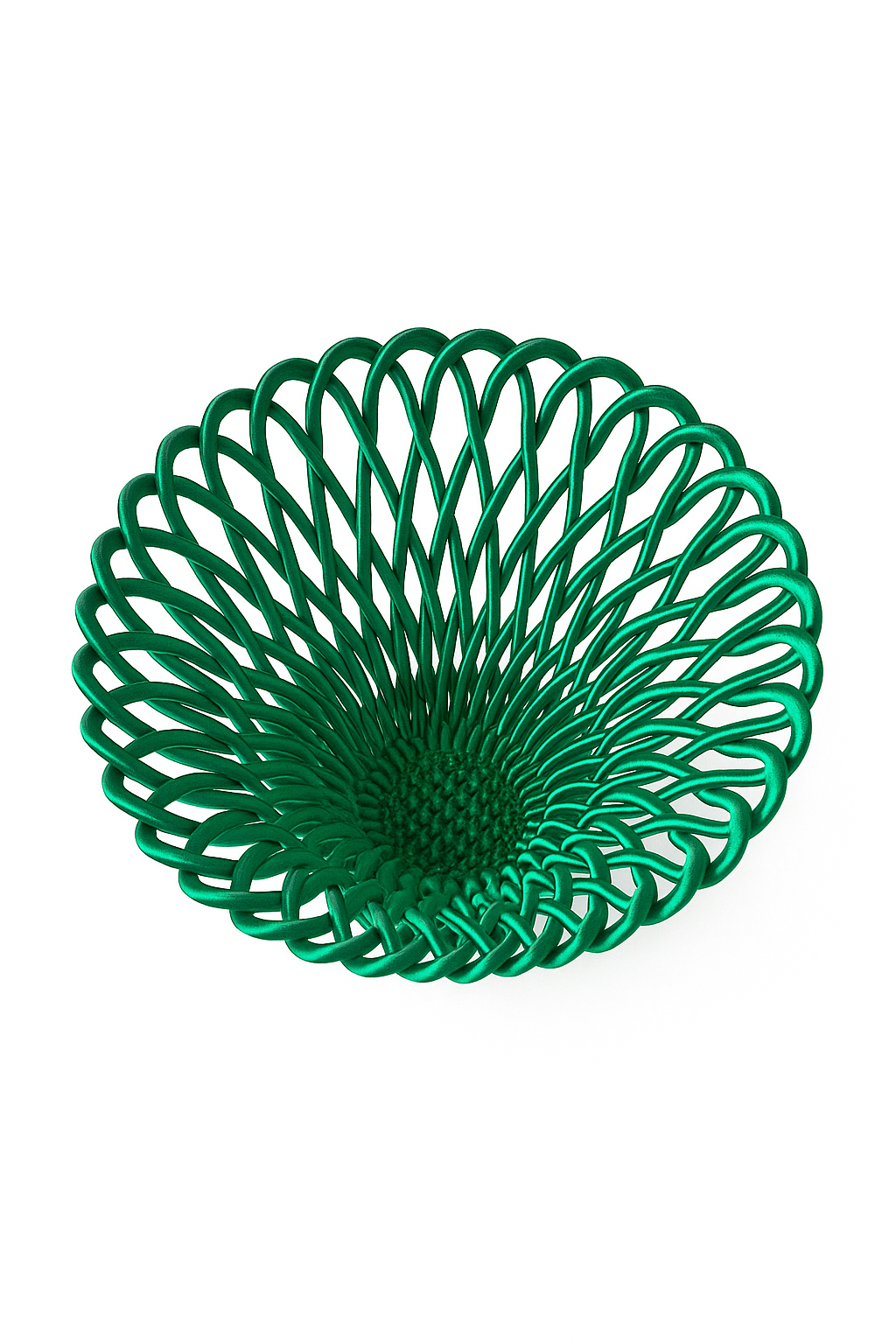 Cestino verde per frutta stampato in 3D in PLA ecologico, design decorativo Made in Italy.