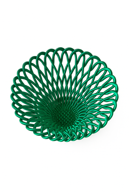 Cestino verde per frutta stampato in 3D in PLA ecologico, design decorativo Made in Italy.