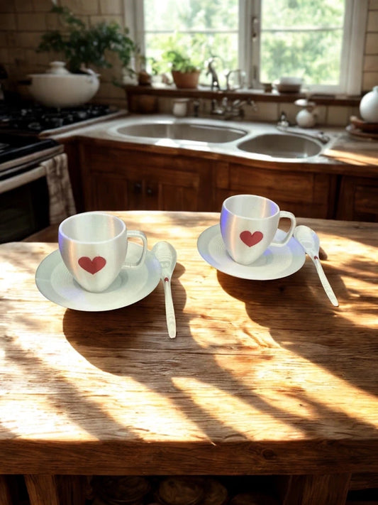 Set decorativo da 2 tazzine da caffè bianche con cuoricino rosso, stampate in 3D
